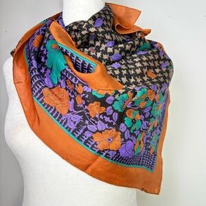 Vintage 80s 90s Square Silk Scarf Houndstooth Autumn Fall Leaves Rose Floral